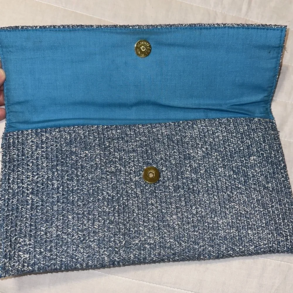 kelly & katie Blue White Heathered Paper Straw Large Bow Envelope Clutch